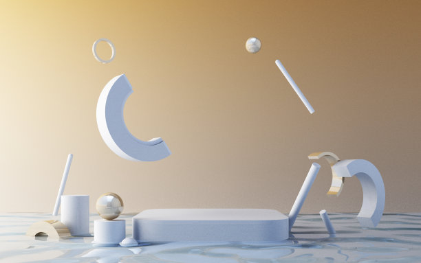 最小的场景与讲台。金色和白色的场景。社交媒体上的广告，促销，化妆品展示。几何形状湿水3d渲染图片下载