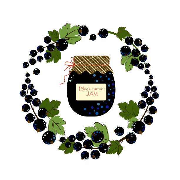 一罐黑加仑果酱。用新鲜浆果自制果酱。平面风格矢量插图。图片下载