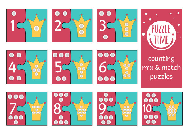 向量童话混合和匹配谜与王冠和宝石。为学龄前儿童配对数学活动。魔法王国教育印刷计数游戏的孩子与宝石图片下载