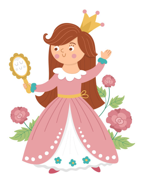 童话故事向量公主与镜子和玫瑰。幻想女孩在皇冠孤立在白色的背景。中世纪童话里穿粉色裙子的少女。具有可爱性格的少女卡通魔法图标。图片下载