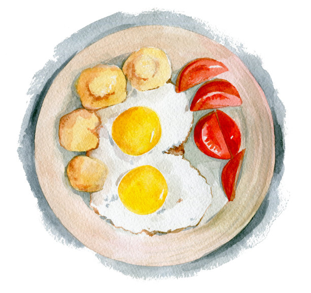 美味的炒蛋，两个蛋黄，西红柿和炸土豆。水彩插图孤立在白色的背景图片下载