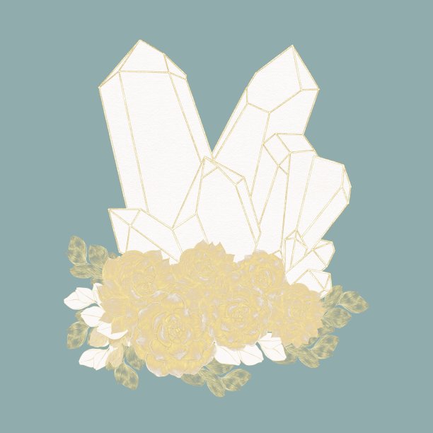 金色轮廓，孵化插图，水晶，花，多肉，叶子在绿松石背景，构图图片下载