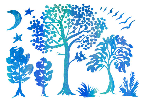 水彩设置夜间森林景观的白色背景。绿松石和蓝色渐变的树，月亮，鸟，星，草和灌木剪影图片下载