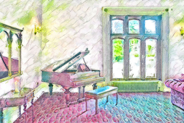 音乐室里有一架三角钢琴，抽象的数码照片用毛笔和水墨画作画布版画图片下载