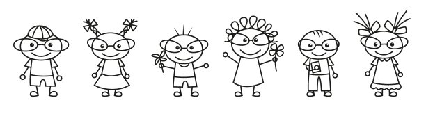 一组可爱的孩子。有趣的孩子图纸。素描风格。不同的小男孩和女孩用眼镜收藏图片下载