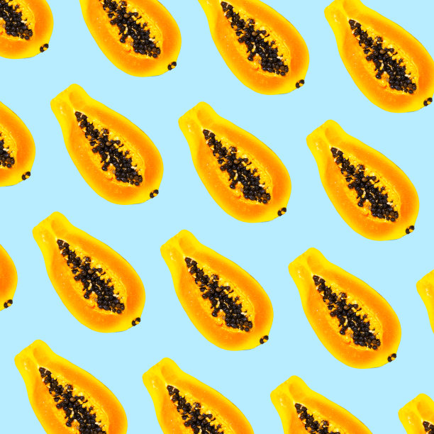 木瓜水果无缝图案在蓝色背景，平铺，顶视图，异国水果图案，食品概念图片下载