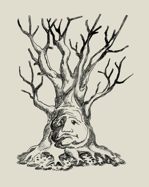 一棵老而不快乐的树。铅笔素描。图片下载