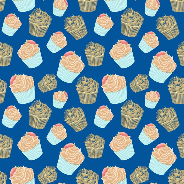 无缝模式在蓝色背景与纸杯蛋糕，彩色插图和线条图片下载