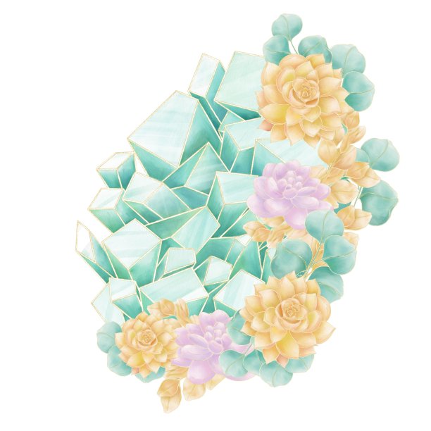 绿色水晶装饰的插图与橙色和粉红色多汁的花朵图片下载