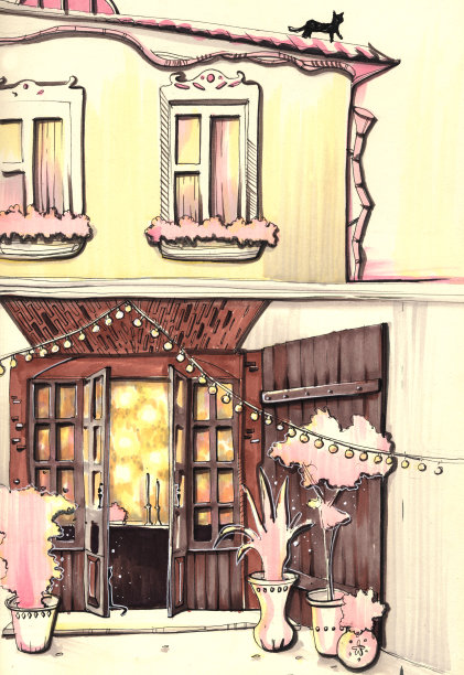 在牛皮纸上手绘的古老的欧洲城市莫斯科安静的庭院古老的庄园大门蜡烛灯和浪漫的猫灯笼图片下载
