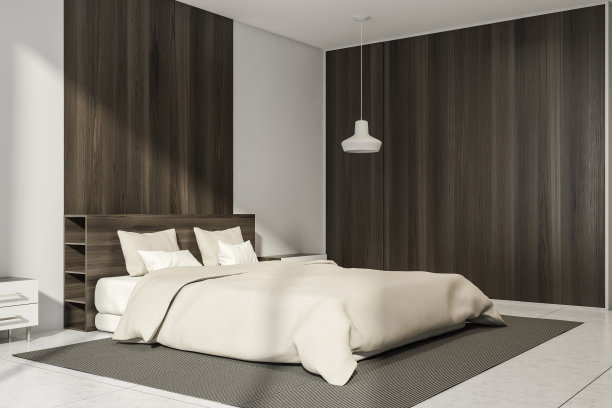 角落的观点明亮的卧室内部与大床图片下载