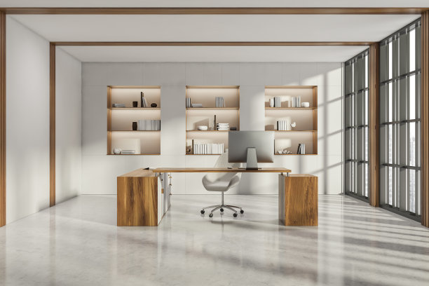 办公室内部与城市摩天大楼的全景窗口图片下载