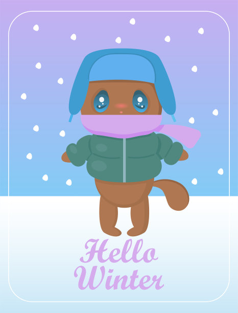 一只可爱的小猫，戴着带耳罩的帽子，戴着围巾，穿着冬天的夹克站在雪下图片下载