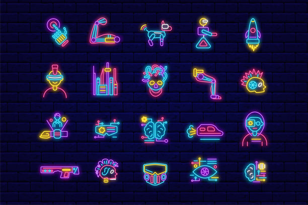 赛博朋克霓虹灯图标集合。外骨骼和高科技。夜晚明亮的招牌。孤立的矢量图图片下载