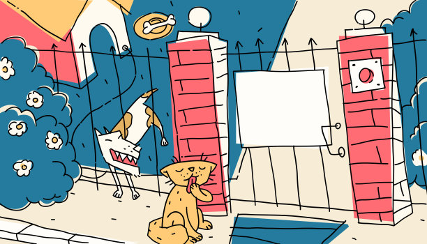 矢量插图猫和狗的院子图片下载