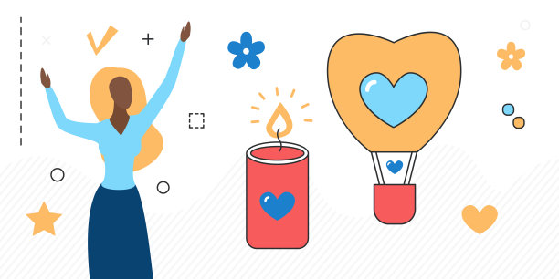 爱情约会概念带有浪漫的心，气球、蜡烛、鲜花象征着浪漫和女人图片下载