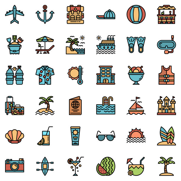 夏季图标集填充轮廓设计图片下载