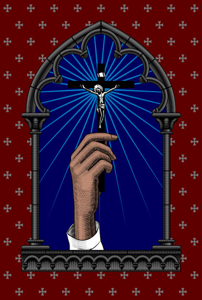 雕刻复古彩色手绘与十字架在一个古典哥特式建筑装饰框架图片下载