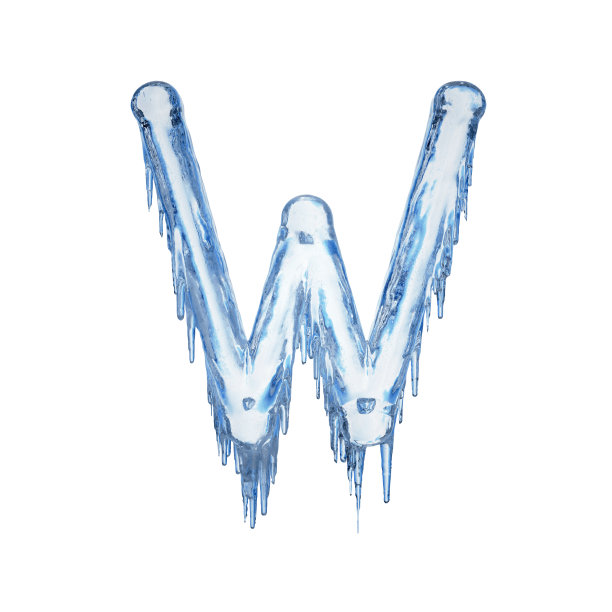 字母w由白色背景上分离的蓝色融化的冰组成。图片下载