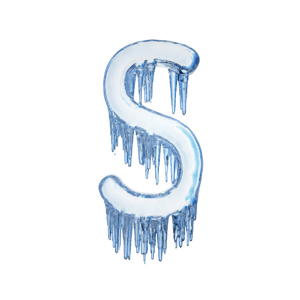 字母s由白色背景上分离的蓝色融化的冰组成。图片下载