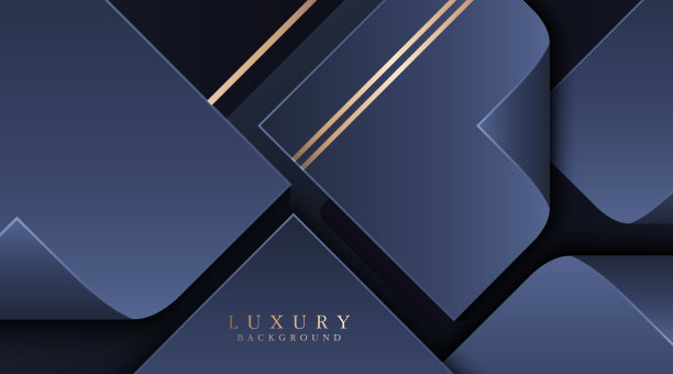抽象奢华的蓝色渐变纸背景与金色线条装饰。有阴影的卷纸角。现代优雅的几何图案创意设计。矢量图图片下载