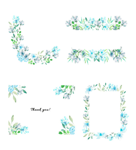 一套水彩花卉框架。一套蓝色花朵和绿色植物的模板。图片下载