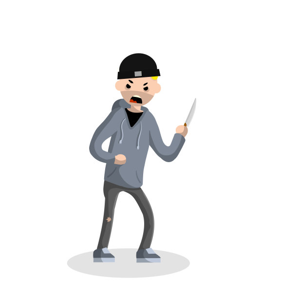 拿着刀的愤怒的年轻人。街头犯罪。刑事罪犯。穿着连帽衫的强盗小偷。城市安全问题-卡通平面插图图片下载
