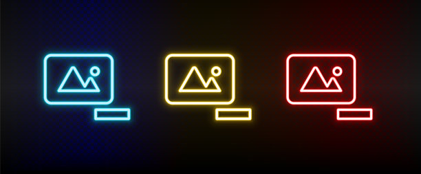 删除，照片霓虹灯图标设置。红色，蓝色，黄色氖气矢量图标图片下载