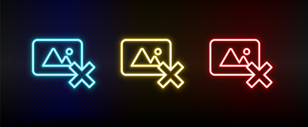 照片，删除霓虹灯图标设置。红色，蓝色，黄色氖气矢量图标图片下载