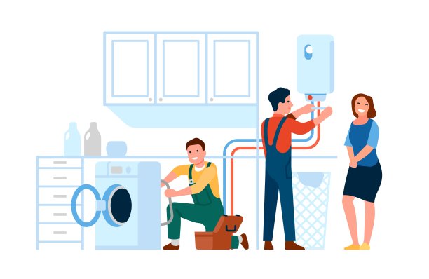 维修工作的帮助。工匠们修理家用电器的问题。洗衣机和锅炉的保养。维修人员在洗衣房处理家用设备故障。向量的概念图片下载