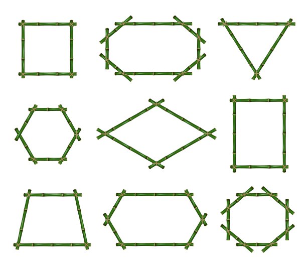 绿色的竹子帧。现实边界从热带植物绿色茎不同的几何形式，亚洲温泉墙装饰，空图片边界，自然元素，矢量孤立集图片下载
