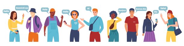 人们用不同的语言打招呼。大型国际团队。各种文化都有语言泡泡。说多种语言的人打招呼。向量卡通多种族扬声器设置图片下载