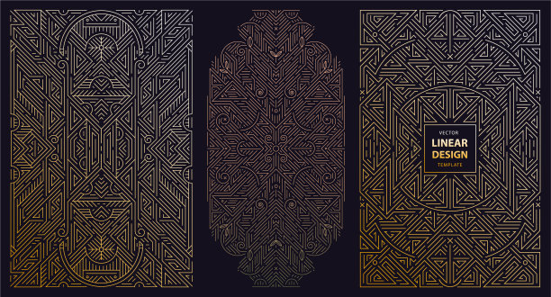 向量集字母组合设计在时尚的复古和单线风格与空间的文本，抽象的黄金几何框架，豪华包装模板。用于广告，海报，卡片，封面。装饰艺术。图片下载
