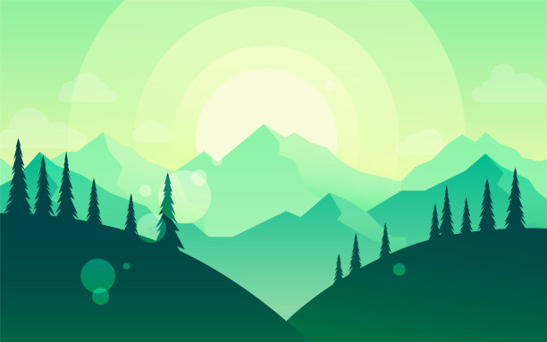 发现、探索、冒险。山区森林。晚上,天,日落。多边形的风景。平坦的插图。极简风格的图形设计传单，横幅，背景，优惠券，代金券图片下载
