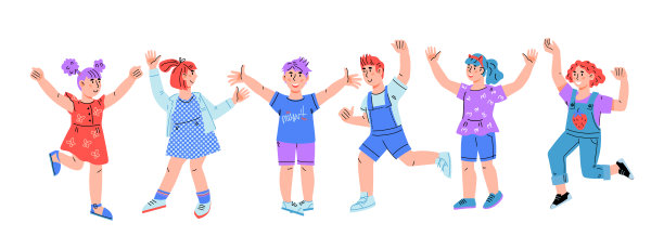 开心的孩子们站成一排，平面矢量插图孤立在白色上。图片下载