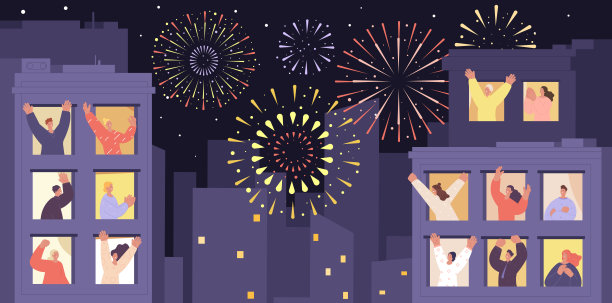 在家庆祝派对。假日城市的夜晚，人们站在窗户和阳台上。邻居们看烟花从公寓完全矢量场景图片下载