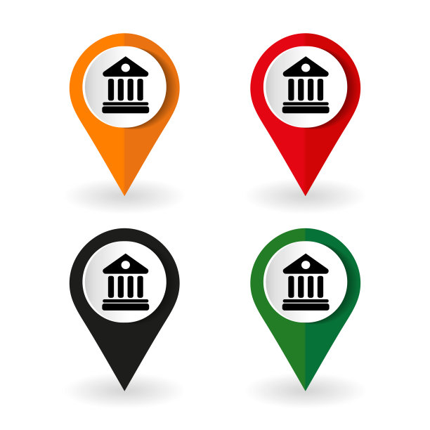 地图标记与银行图标，矢量插图。平面设计风格图片下载