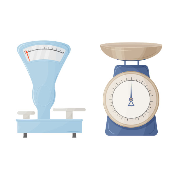 用于称量产品和其他物品的大型商店磅秤。各种形状的模拟尺度。矢量插图孤立在一个白色的背景图片下载