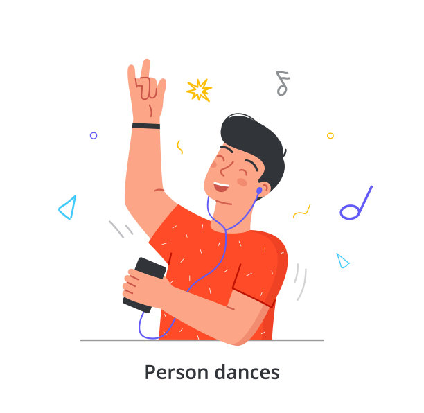 一名年轻人戴着耳机，伴着他最喜欢的音乐跳舞，背景是白色的图片下载