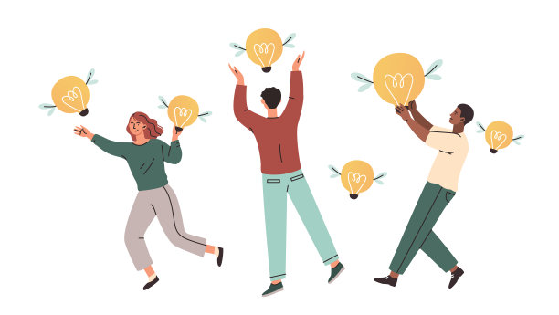 男女主角在白色背景下用翅膀捕捉飞翔的灯泡图片下载