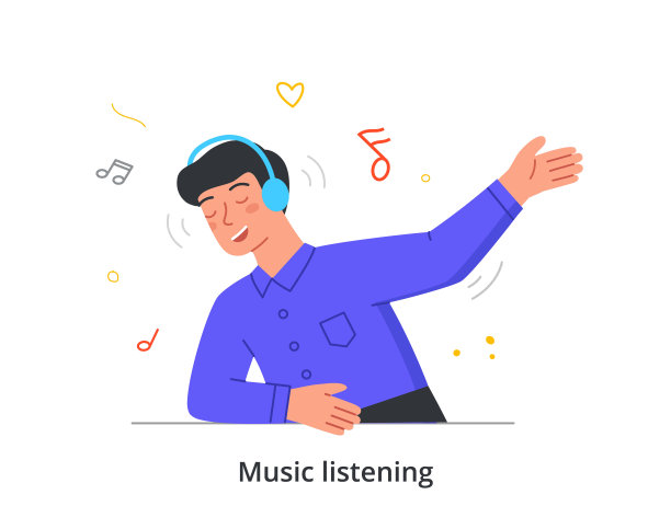 英俊的年轻男性角色正在白色背景下戴着耳机听他最喜欢的歌曲图片下载