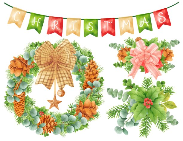 圣诞花环装饰元素插图水彩风格图片下载