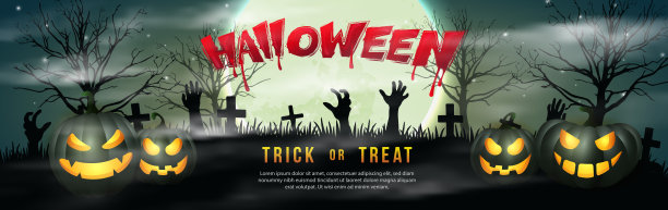 快乐万圣节3D现实恐怖杰克灯笼满月墓地夜背景图片下载