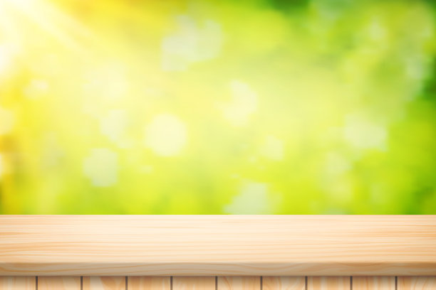 手绘插图向量木桌地板和美丽的自然绿叶抽象的散景光背景图片下载