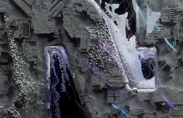 抽象艺术的3d渲染3d背景，部分超现实的灰色混凝土石材，表面有立方体位移纹理，周围有小金属球粒子，在黑暗中有霓虹灯蓝色和紫色的发光闪电线图片下载