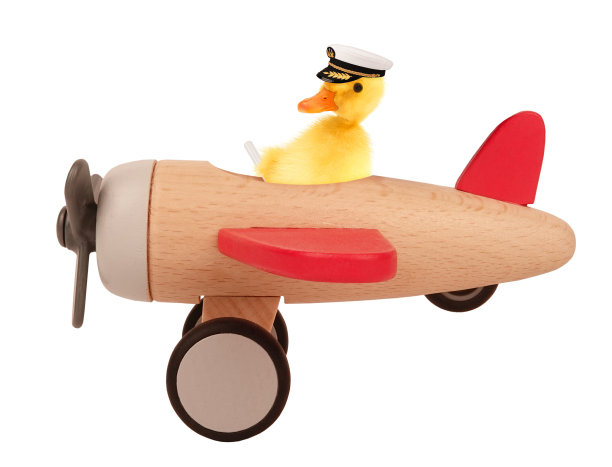 可爱的小鸭子飞行员机长在木制飞机玩具有趣的概念形象。有趣的动物概念图片下载