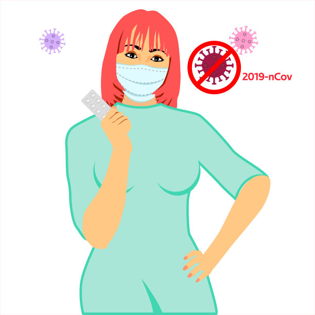 戴着医用口罩的红发护士手里拿着药片，抓着一个水泡。阻止冠状病毒美国人戴医用口罩图片下载