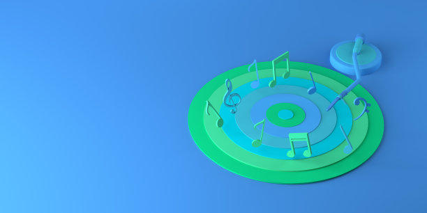 音乐的概念。带有音符的黑胶唱片。副本的空间。3 d演示。图片下载
