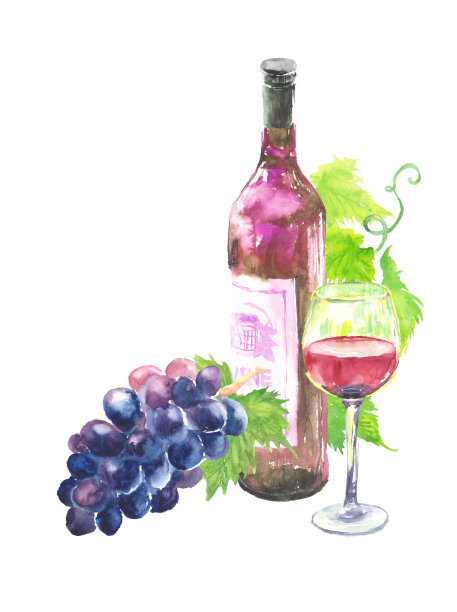 用水彩画的红酒，玻璃和葡萄插图图片下载