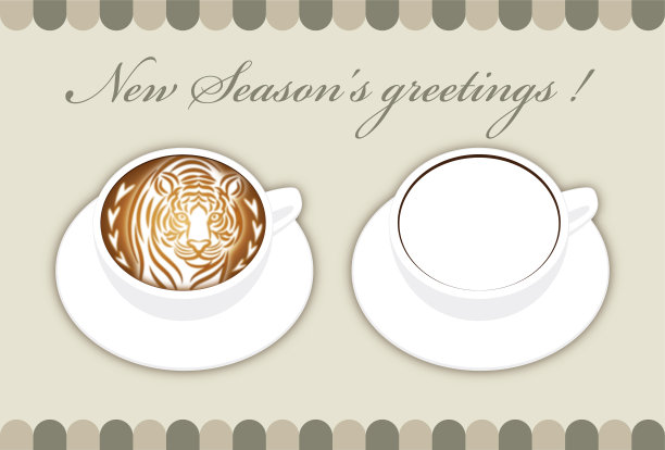 在白色咖啡杯上有一个时尚老虎的拉花艺术插图图片下载